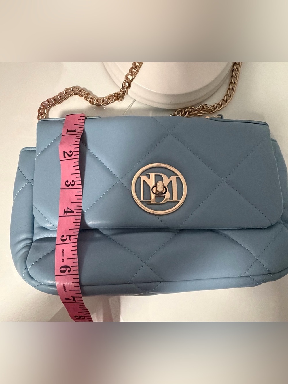 Quilted Light Blue Crossbody with Gold Chain and Round Logo - Picture 11 of 11